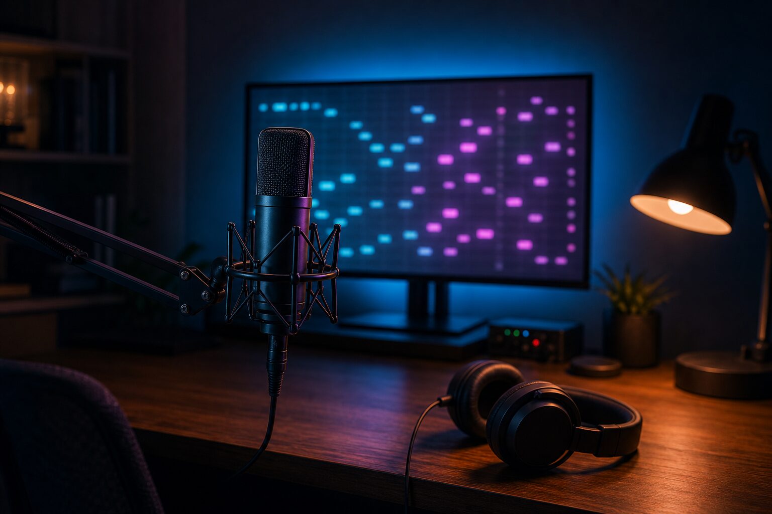 夜の自室デスクに置かれたコンデンサーマイクとヘッドホン。モニターには打ち込み音楽を思わせる光るノートの画面