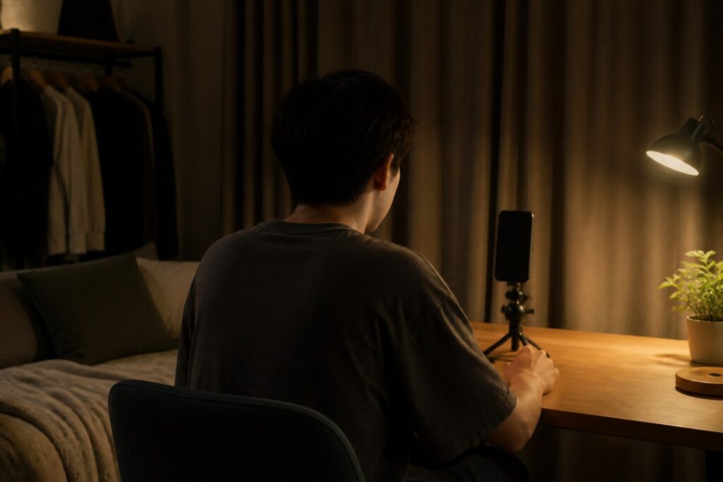 夜の部屋で、机の上の三脚に立てたスマートフォンに向かって歌う人の後ろ姿。背後にカーテンと衣類ラック