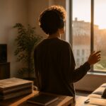 夕暮れの窓辺でヘッドホンをつけて洋楽を口ずさむ人の後ろ姿