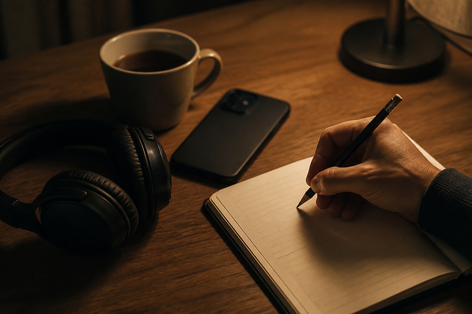 ヘッドホンを傍らに置き、ノートに聞き取った歌詞を書き取る手元
